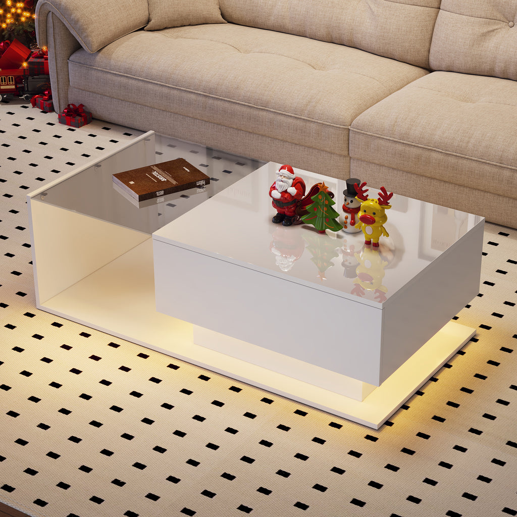 High Gloss White Coffee Table 100x50x32 Cm - With Glass Top And Drawers, Scratch-resistant, With 1 Drawer, With LED Lighting, Modern Style