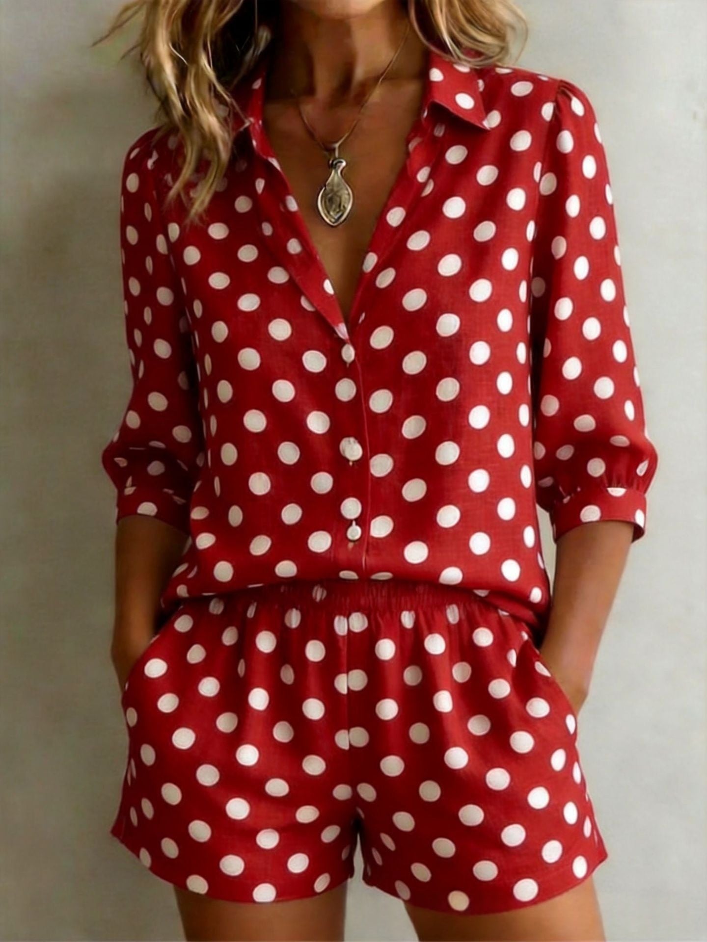 Womens European And American Cross-Border Casual Holiday Printed Polka-Dot Set