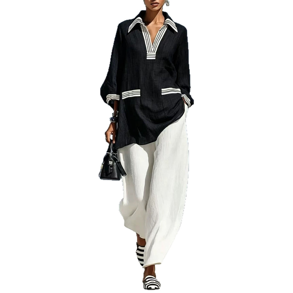Cotton-linen Comfortable Casual Color-block Bell-sleeve Pol Shirt And V-neck Pants Two-piece Set