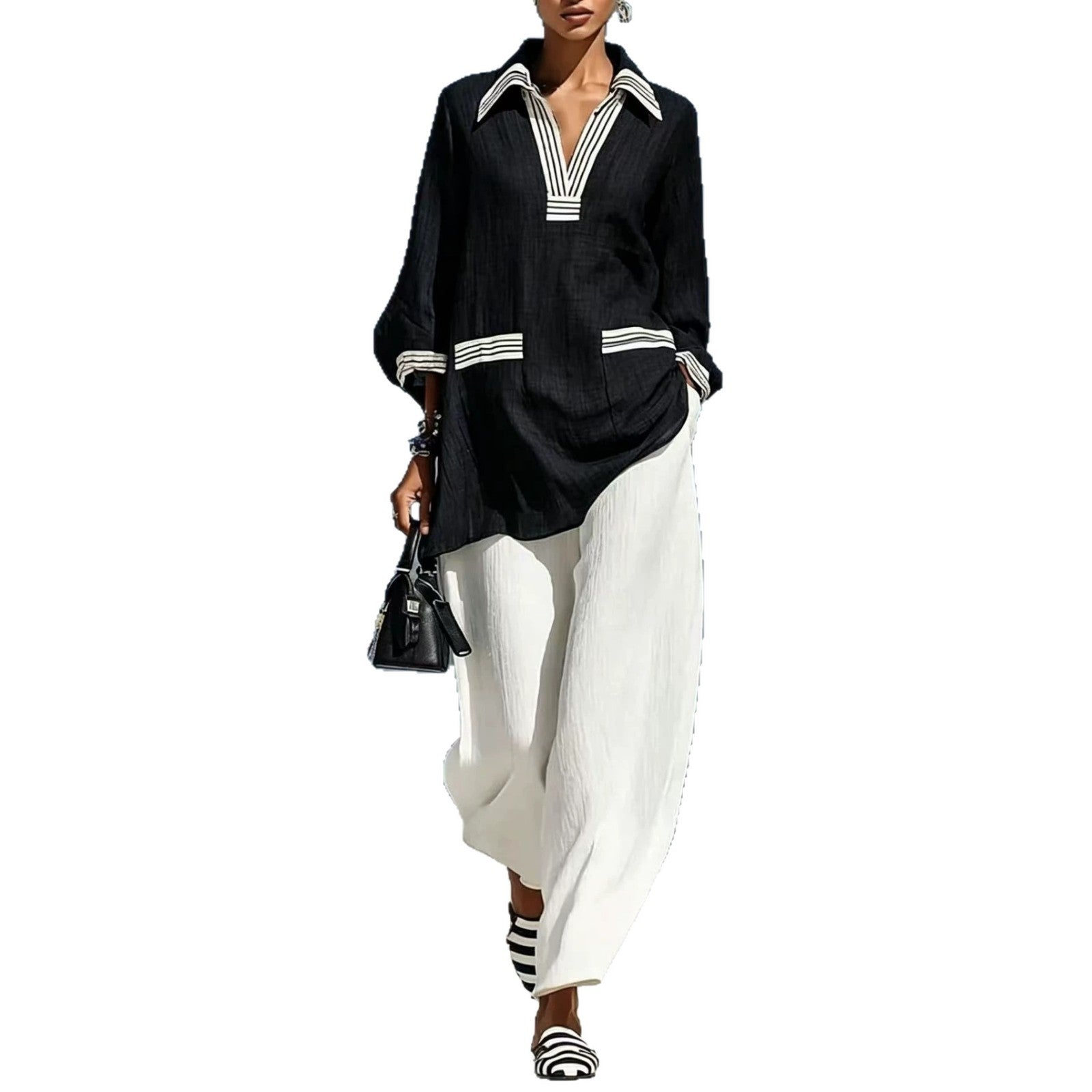 Cotton-linen Comfortable Casual Color-block Bell-sleeve Pol Shirt And V-neck Pants Two-piece Set