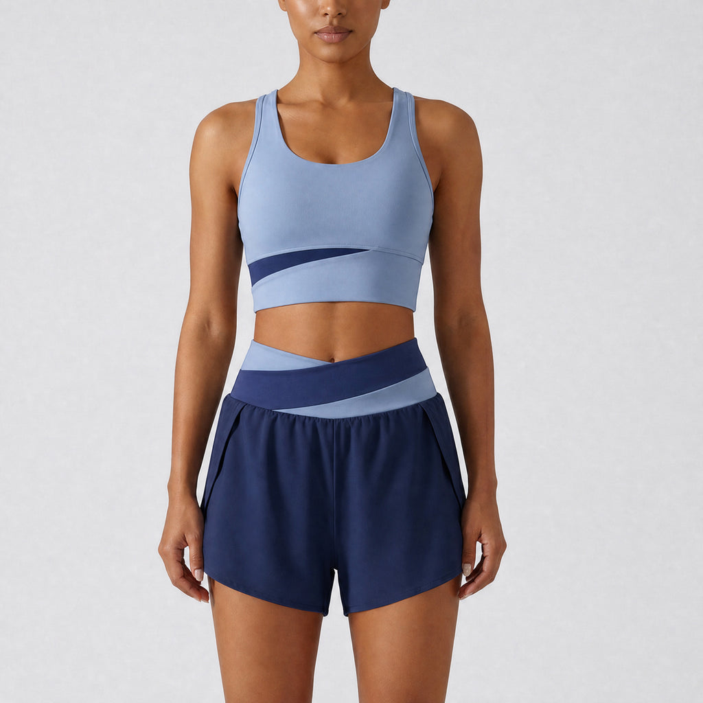 Color-block Sports Top And Shorts Set For Women