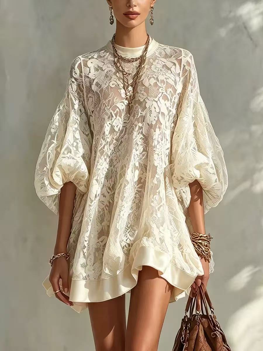 Womens Fashionable Casual Loose-fitting Lace Blouse