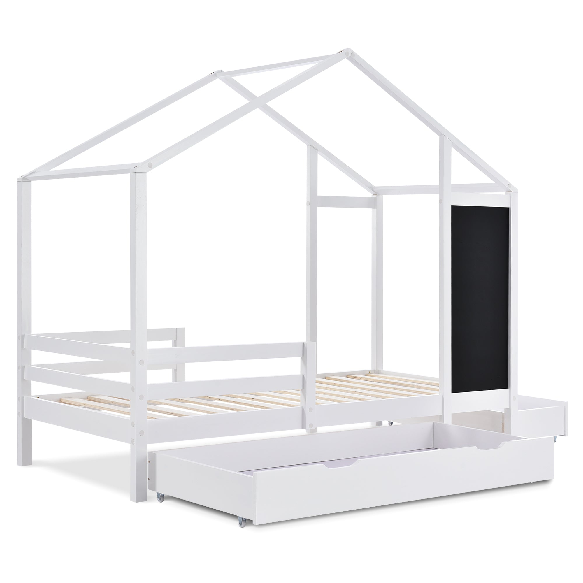 Children's Bed House Bed 90 X 200 Cm, Wooden Bed With Blackboard And 2 Drawers, Solid Wood With Fence And Slatted Base, White  Without Mattress