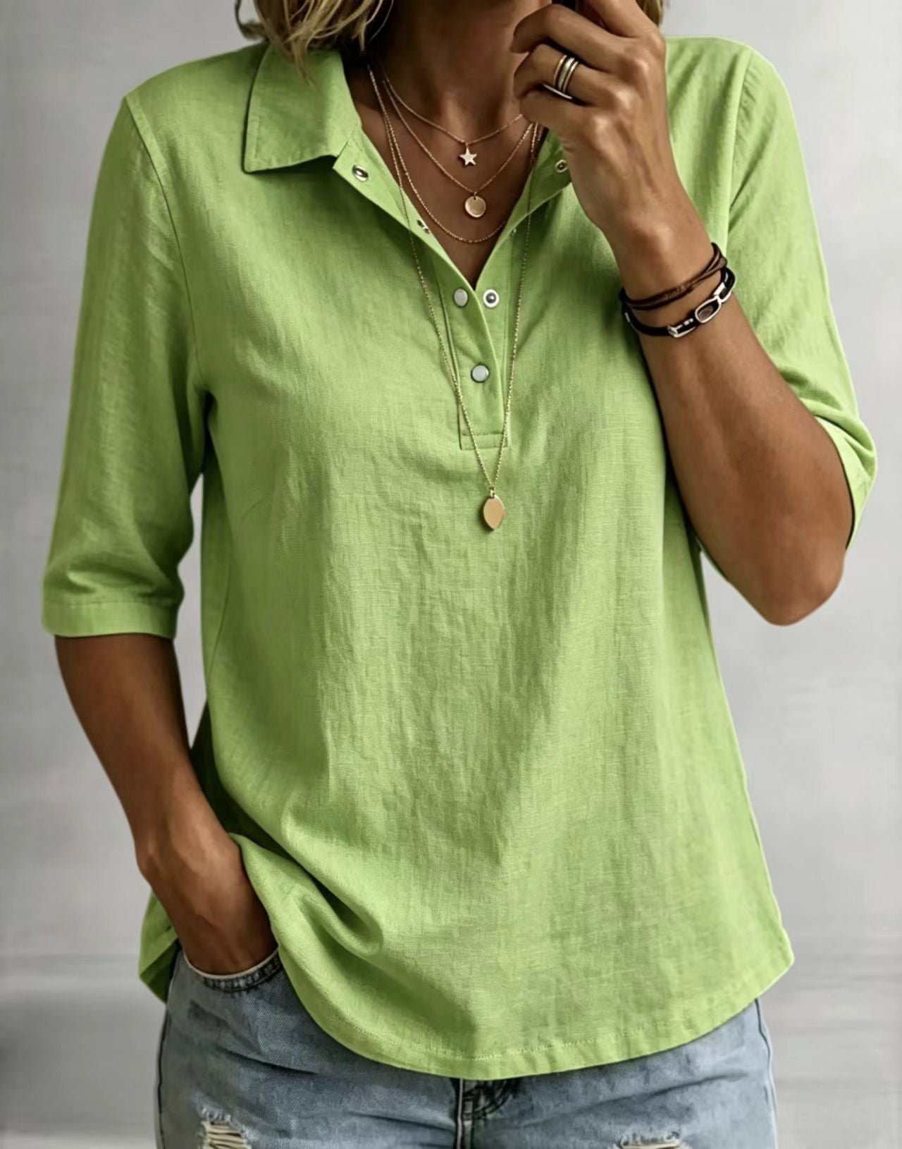 Loose-fitting Casual Mid-sleeve Lapel-collar Solid-color Shirt