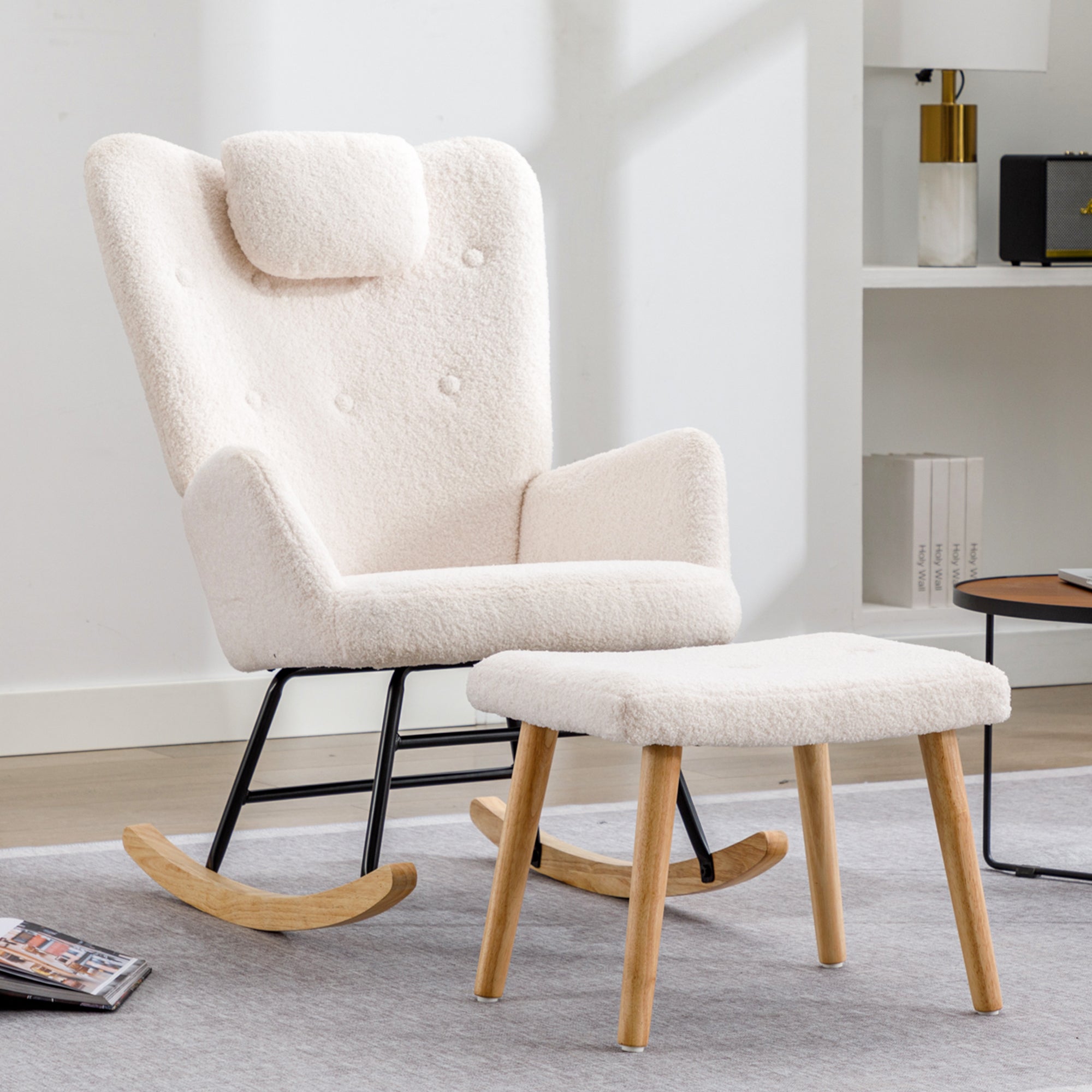 Comfortable White Rocking Chair, Soft Teddy Plush Rocking Chair With Neck Cushion And Footrest - Load Capacity Up To 100 Kg