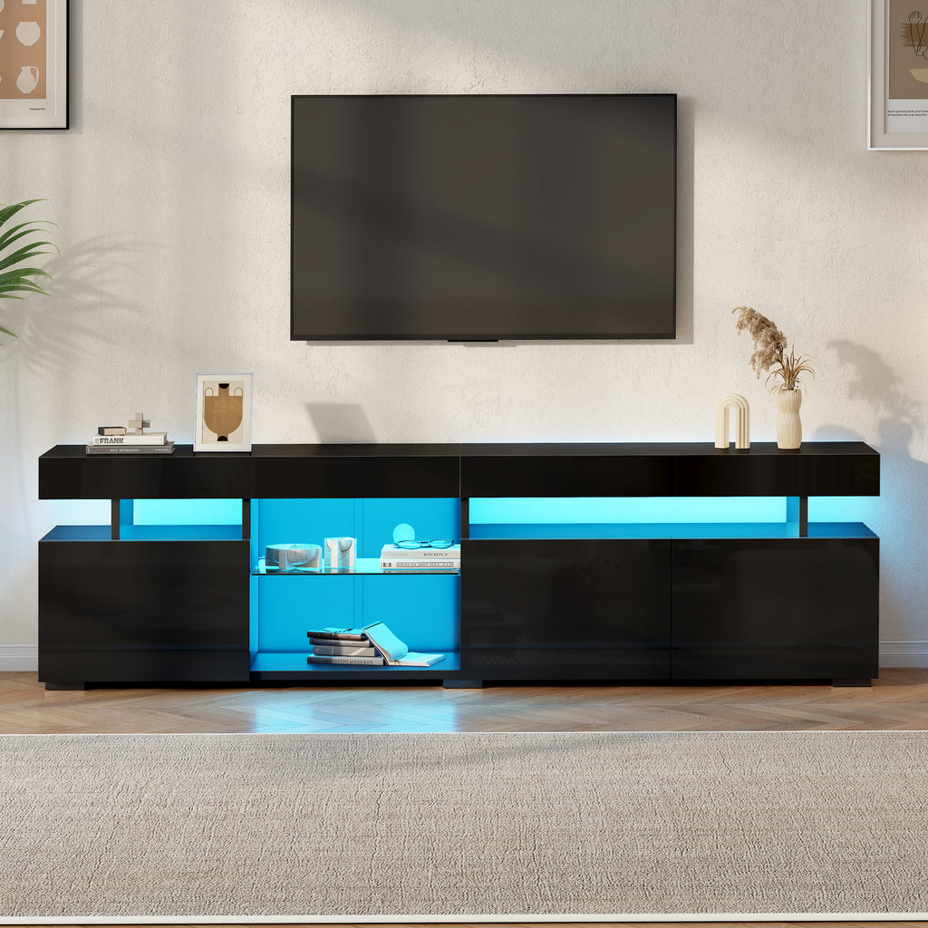 180 X 35 X 45 Cm TV Cabinet, Lowboard, High-gloss TV Cabinet With 3 Doors, Adjustable Shelves Made Of Tempered Glass, Suitable For TVs Up To Approx. 80 Inches, Chipboard, Black