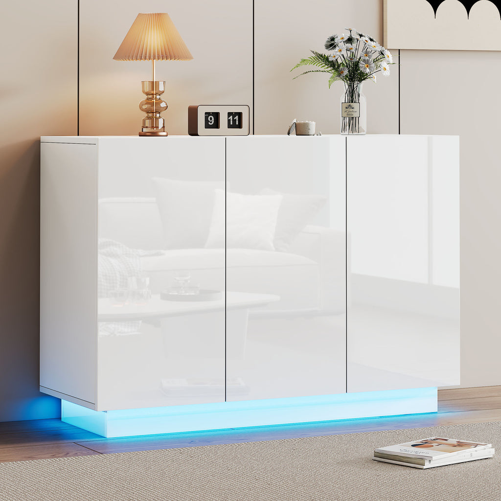 Dining Room Cabinet High Gloss Open And Closed, White Sideboard, Pedestal LED Light, Chest Of Drawers Foyer Cabinet 120x40x75CM