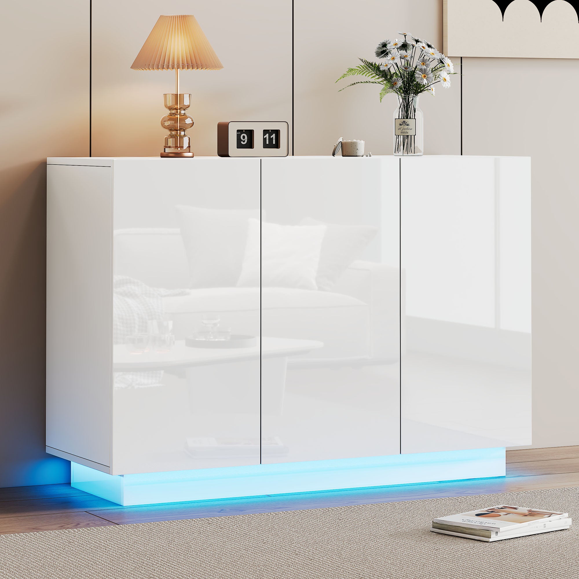 Dining Room Cabinet High Gloss Open And Closed, White Sideboard, Pedestal LED Light, Chest Of Drawers Foyer Cabinet 120x40x75CM