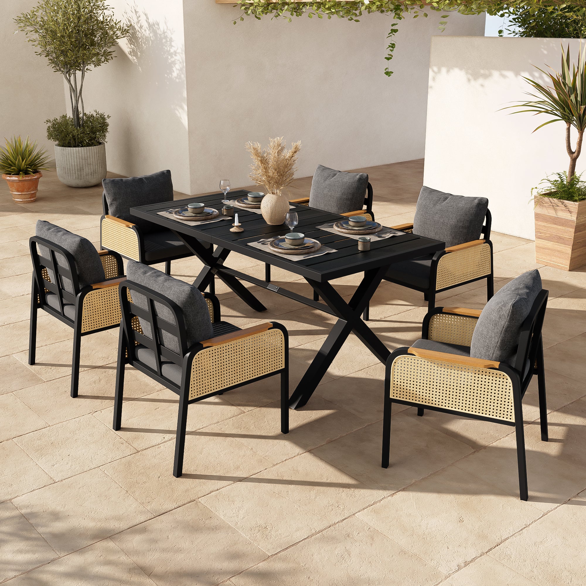 Modern Outdoor Sofa Set , Multi-Person Leisure And Meeting Set , Iron Frame , Braided Armrests , Seat Cushion Included