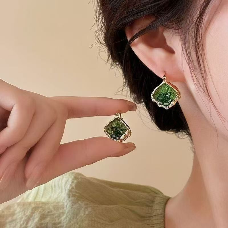 2026 New Bestselling Green Crystal Huggie Earrings For Women, Light Luxury High-End Niche Unique Elegant Stud Ear Jewelry
