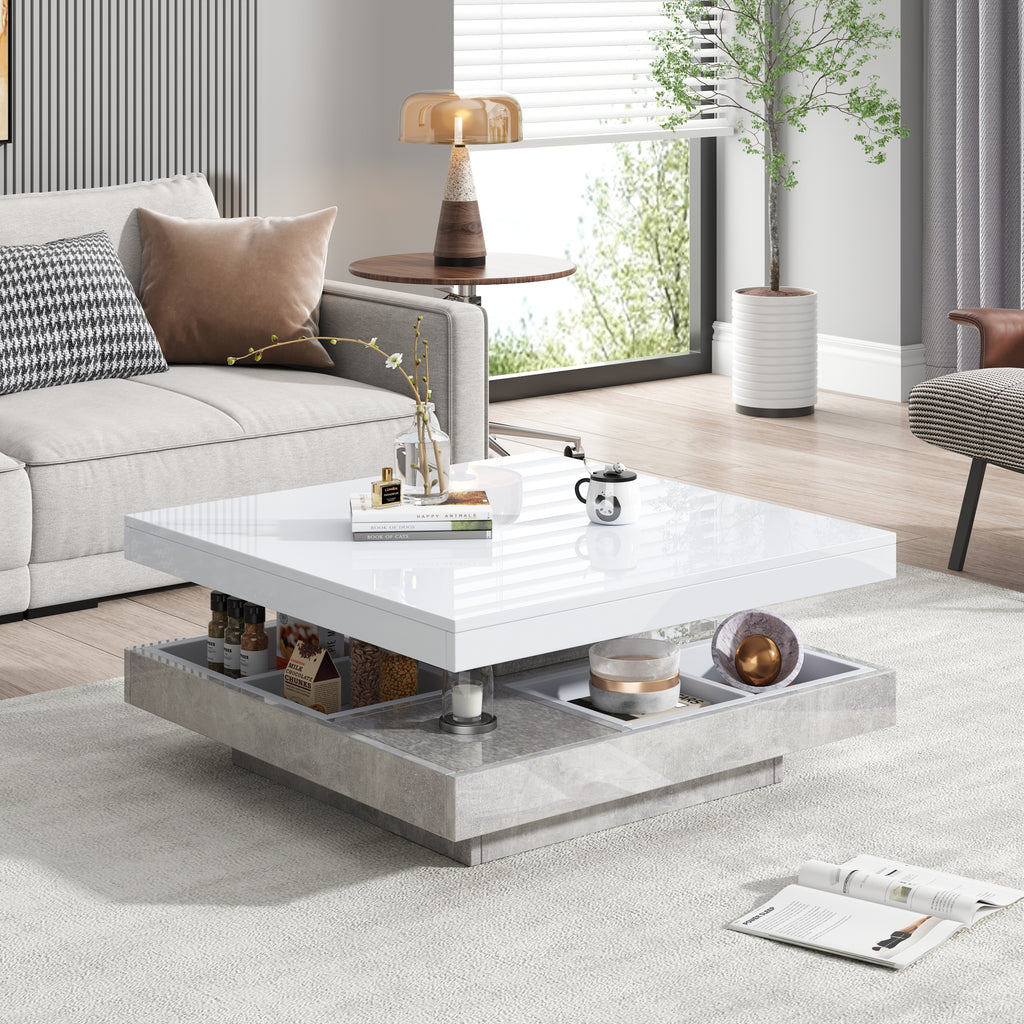 Functional Double Coffee Table With High-gloss Top Table Top Can Be Rotated 360 , Double Swivel Top With Storage Compartment, Living Room Table Top In White, Marble-coloured Chipboard