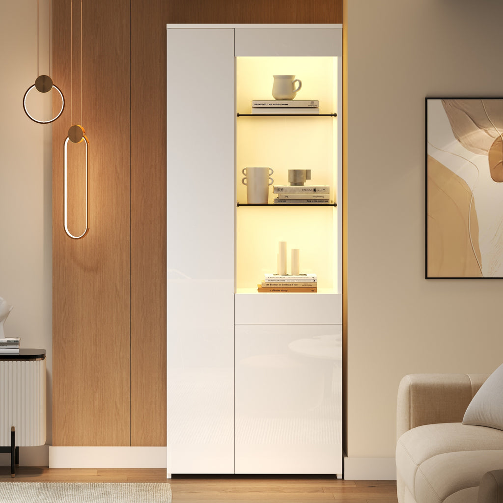 70x35x180cm Display Cabinet With Drawers, Display Case High Gloss, Glass Display Case With LED Lighting, Tall Cabinet, Highboard With Cabinet, Standing Display Case, Partition Wall Storage,