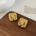 Vintage Woven Texture Square Gold Stud Earrings For Women, Irregular High-End Metallic Earrings, Niche Elegant Versatile Ear Jewelry