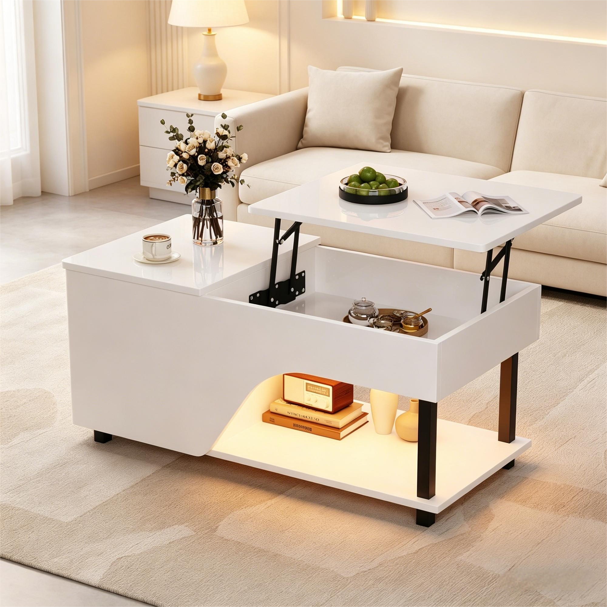 50 X 100 X 46cm Height Adjustable Living Room Coffee Table,Side Table With Hidden Storage,Openwork Coffee Table,High Gloss LED Sofa Table,Tea Table With Side Shelf,White