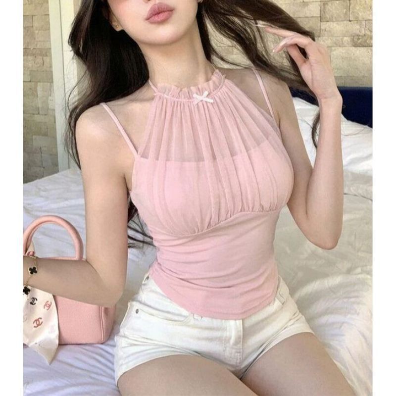 Mesh-Panel Halter Vest Camisole Womens Summer Sleeveless Top