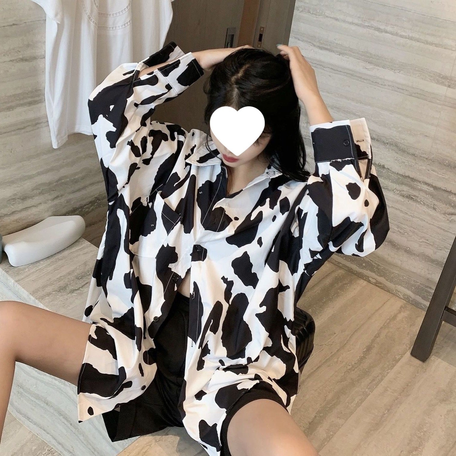 Black And White Printed Blouse Womens Mid-length Fall Top
