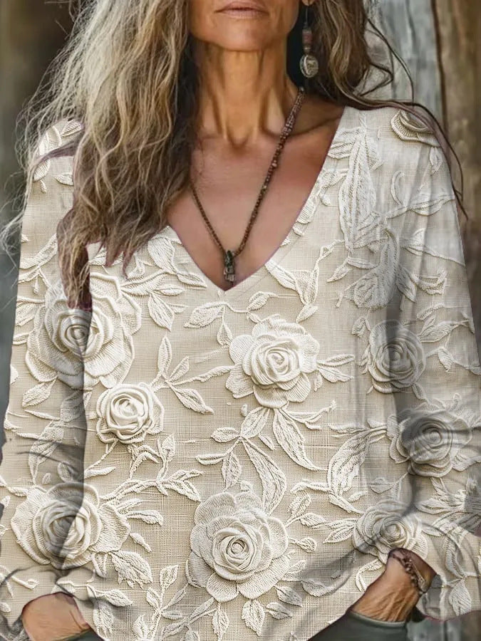 Womens V-neck Fashionable Pullover With A Loose-fit Print