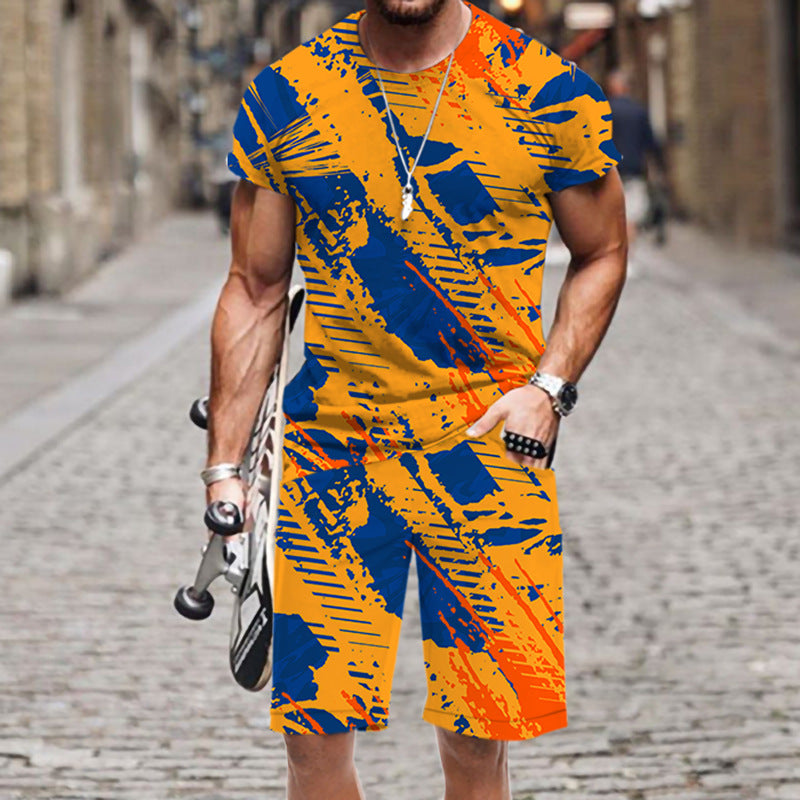 Printed Mens Summer Short-Sleeve Beach Pants Set