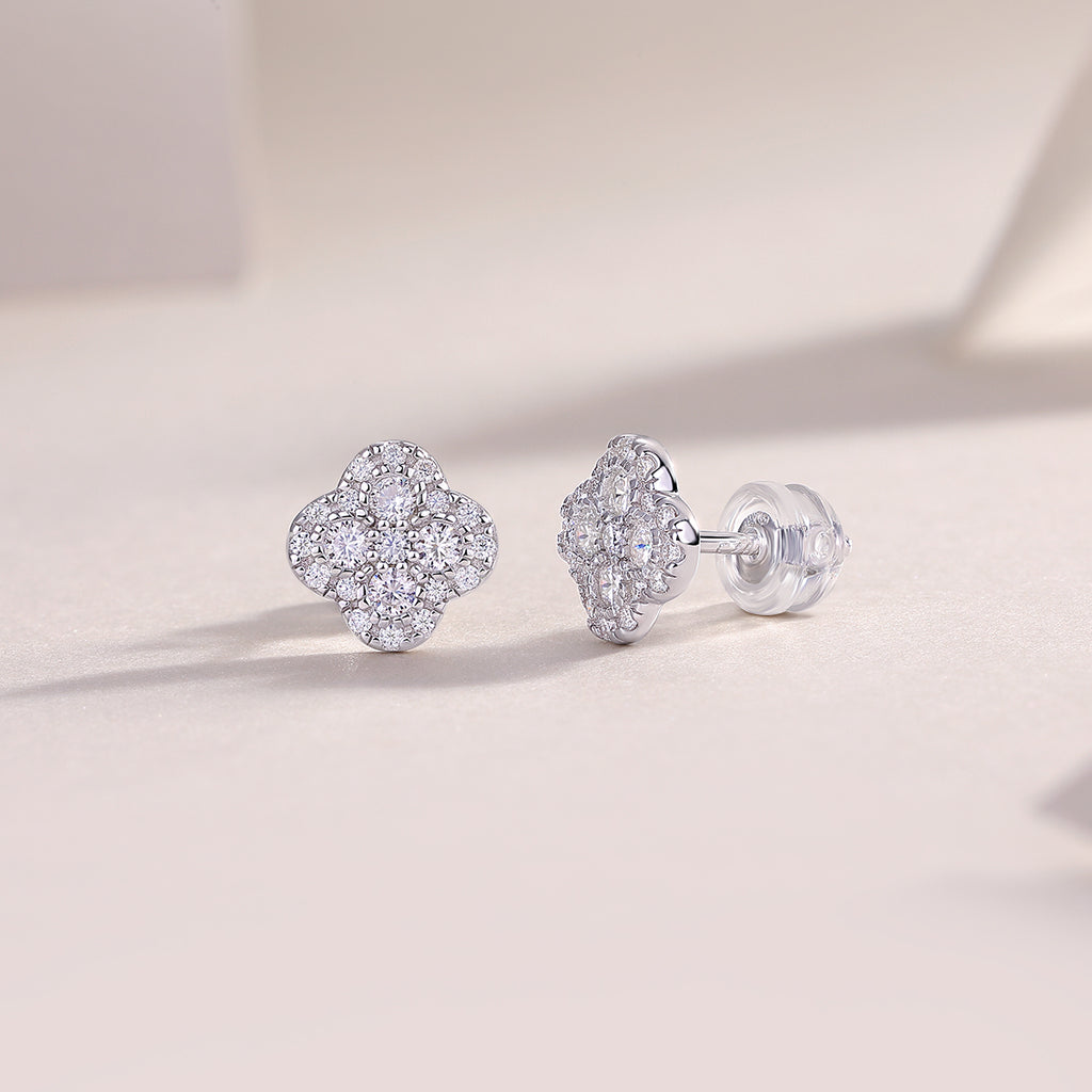 S925 Sterling Silver Clover Stud Earrings, D-VVS1 Moissanite Pave, Platinum Plated 1.2g Women's Jewelry Gift Box