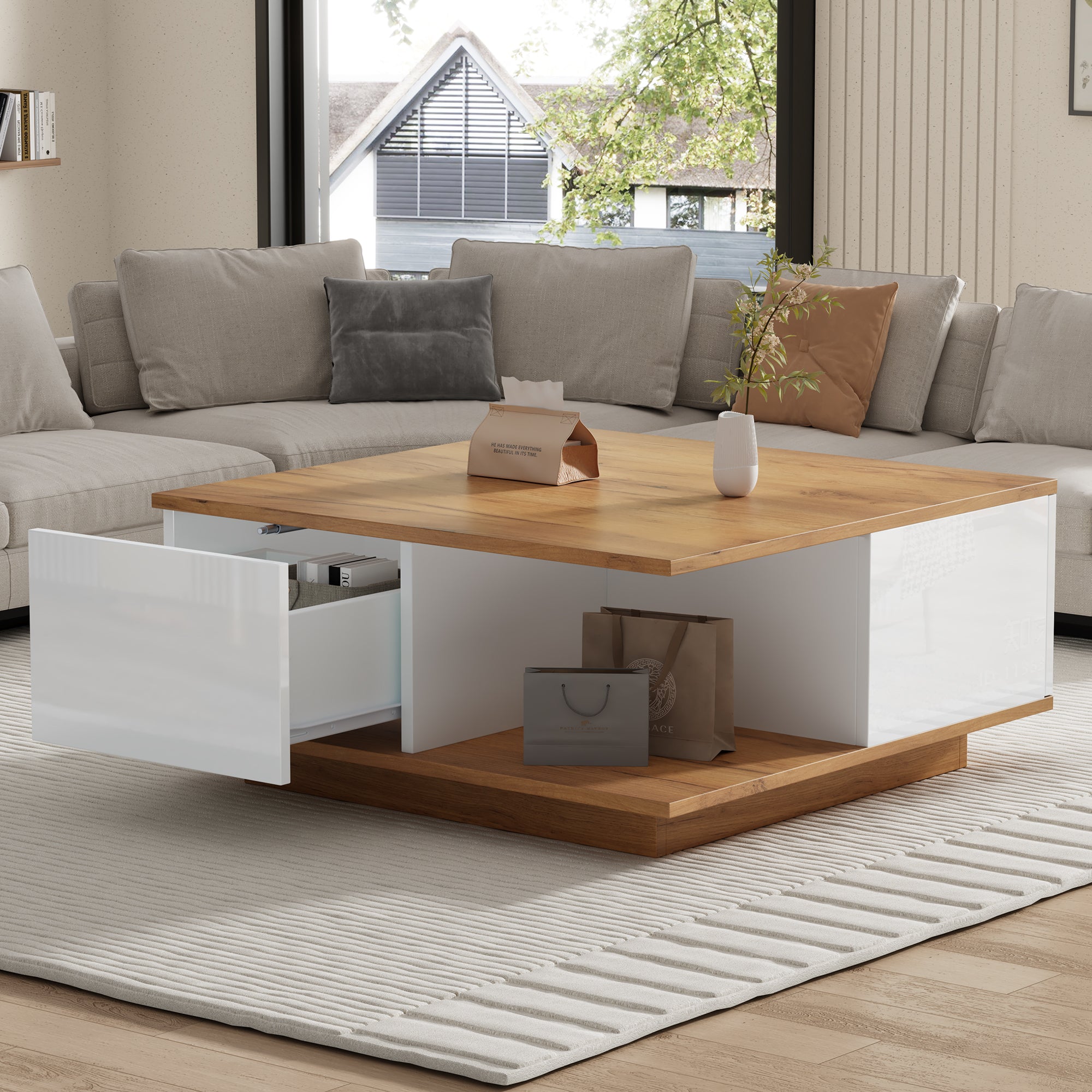70 X 70 X 31.5cm Coffee Table With 3 Drawers, Geometric Coffee Table, High Gloss Living Room Table, Sofa Table, Side Table, Suitable For Small Rooms, White - Original Wood Color