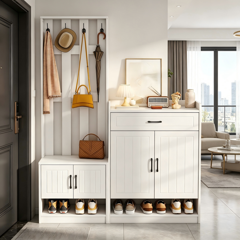 White Coat Rack Set 140.6 X 32 X 180 Cm, Hallway Coat Rack Panel   Shoe Cabinets, Matt, Hallway Furniture, Hallway Drying Stand, Hallway Coat Rack, Shoe Changer Set