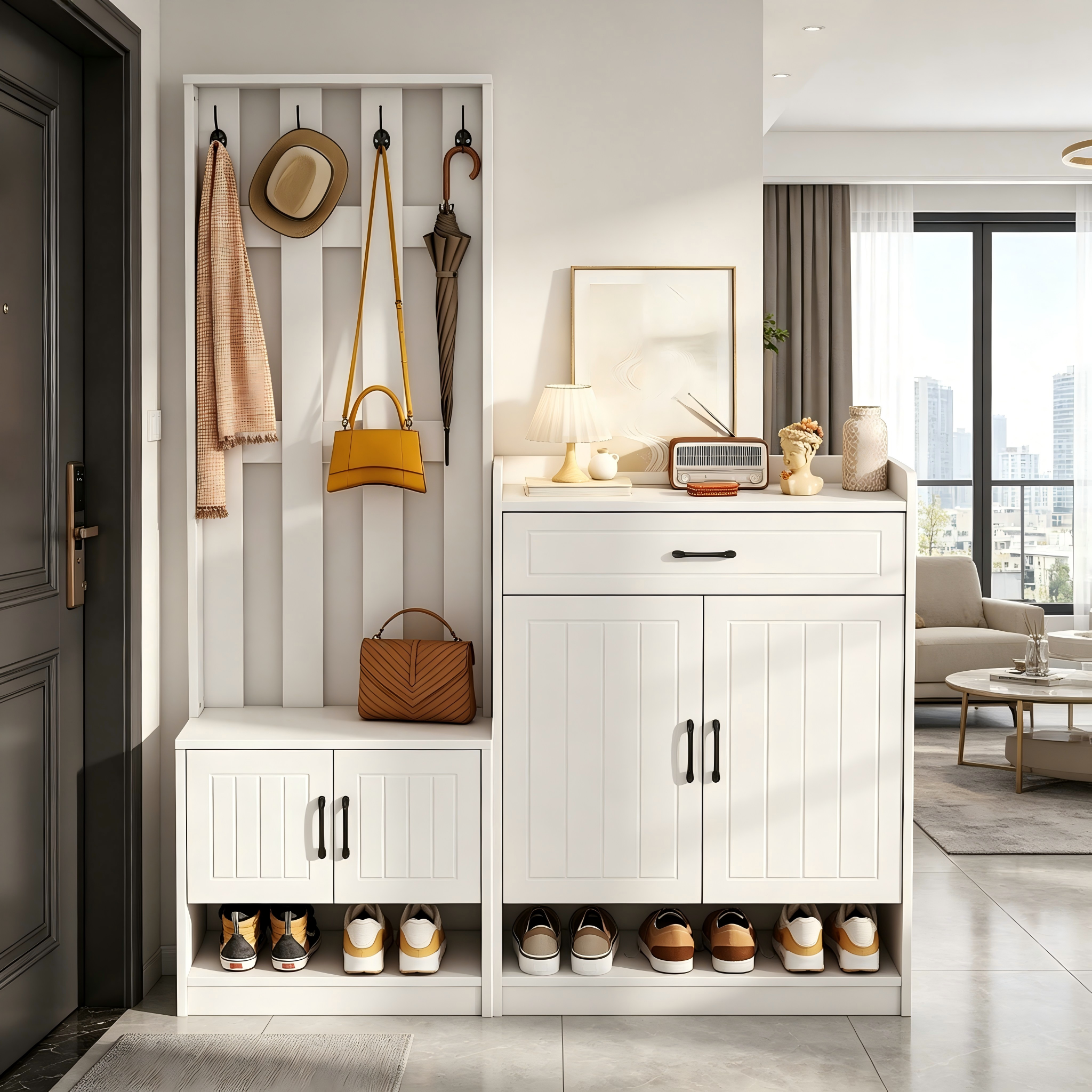 White Coat Rack Set 140.6 X 32 X 180 Cm, Hallway Coat Rack Panel   Shoe Cabinets, Matt, Hallway Furniture, Hallway Drying Stand, Hallway Coat Rack, Shoe Changer Set
