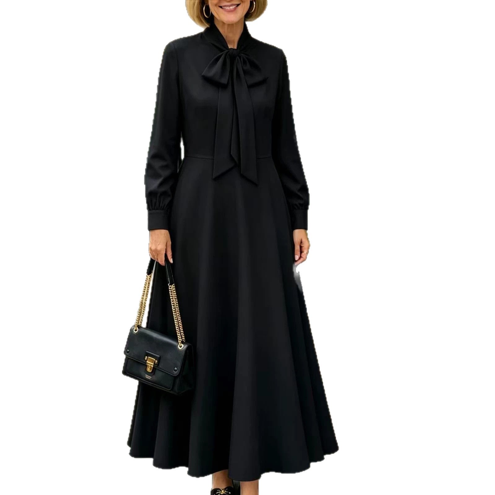 Springautumn Long-sleeve Puff-sleeve Dress With Bow Details At The Hem