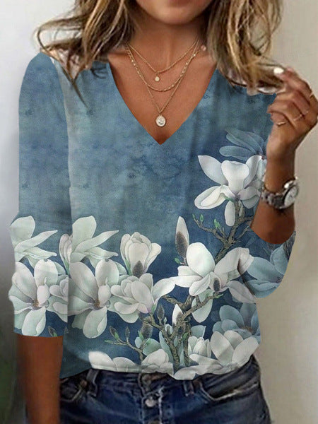 Womens V-neck Fashionable Pullover With A Loose-fit Print