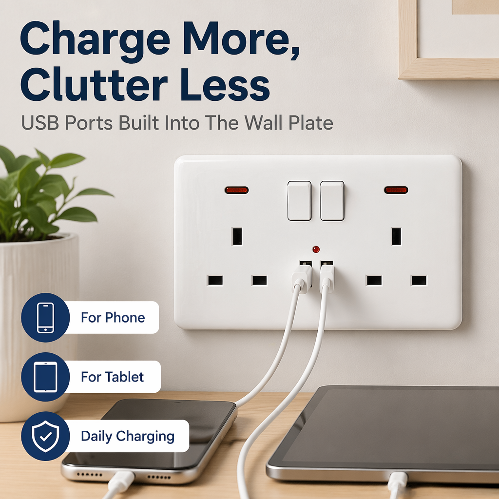 Double Wall Plug Socket 2 Gang 13A W  2 Charger USB  Outlets Flat Plate UK