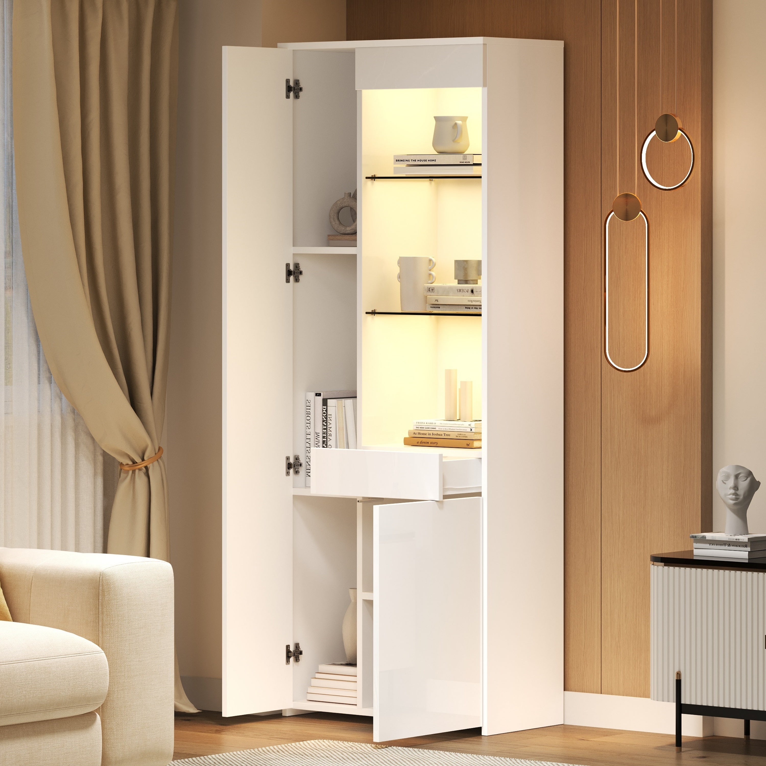 70x35x180cm Display Cabinet With Drawers, Display Case High Gloss, Glass Display Case With LED Lighting, Tall Cabinet, Highboard With Cabinet, Standing Display Case, Partition Wall Storage,