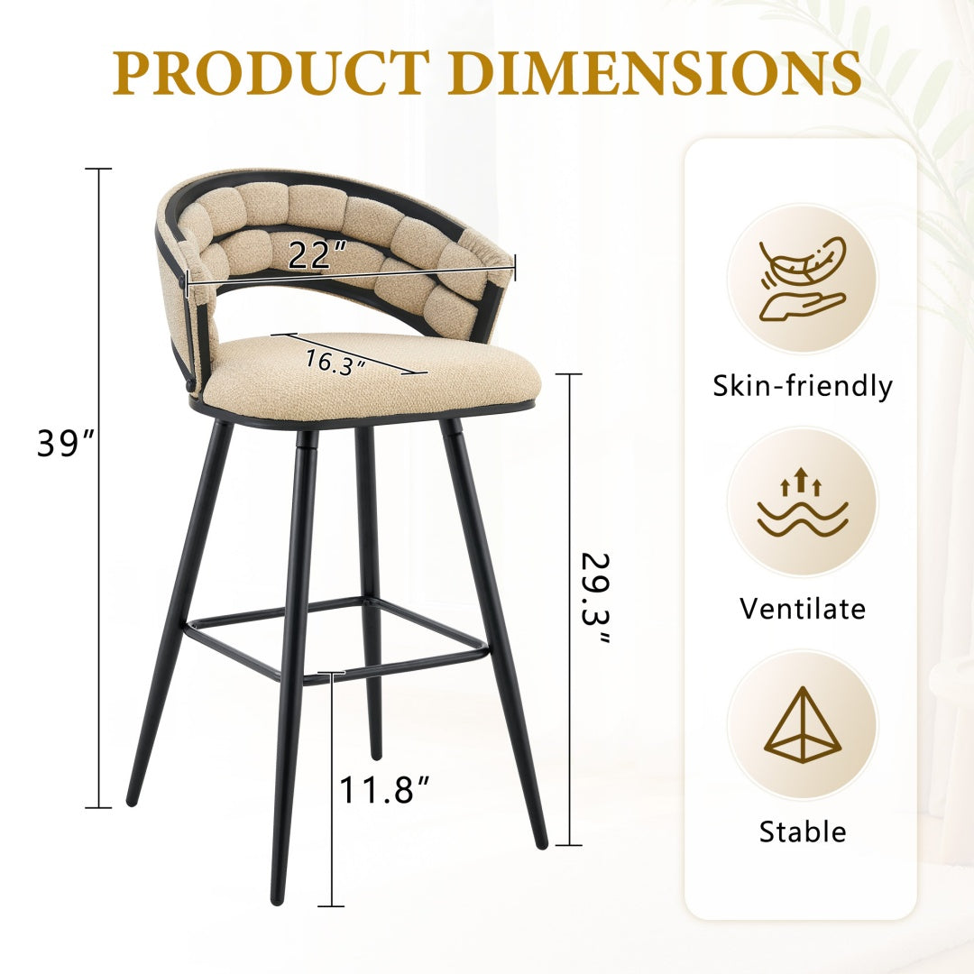 Set Of 2 Beige Chenille Bar Stools With Black Iron Legs, Modern Kitchen Island Counter Height Stools
