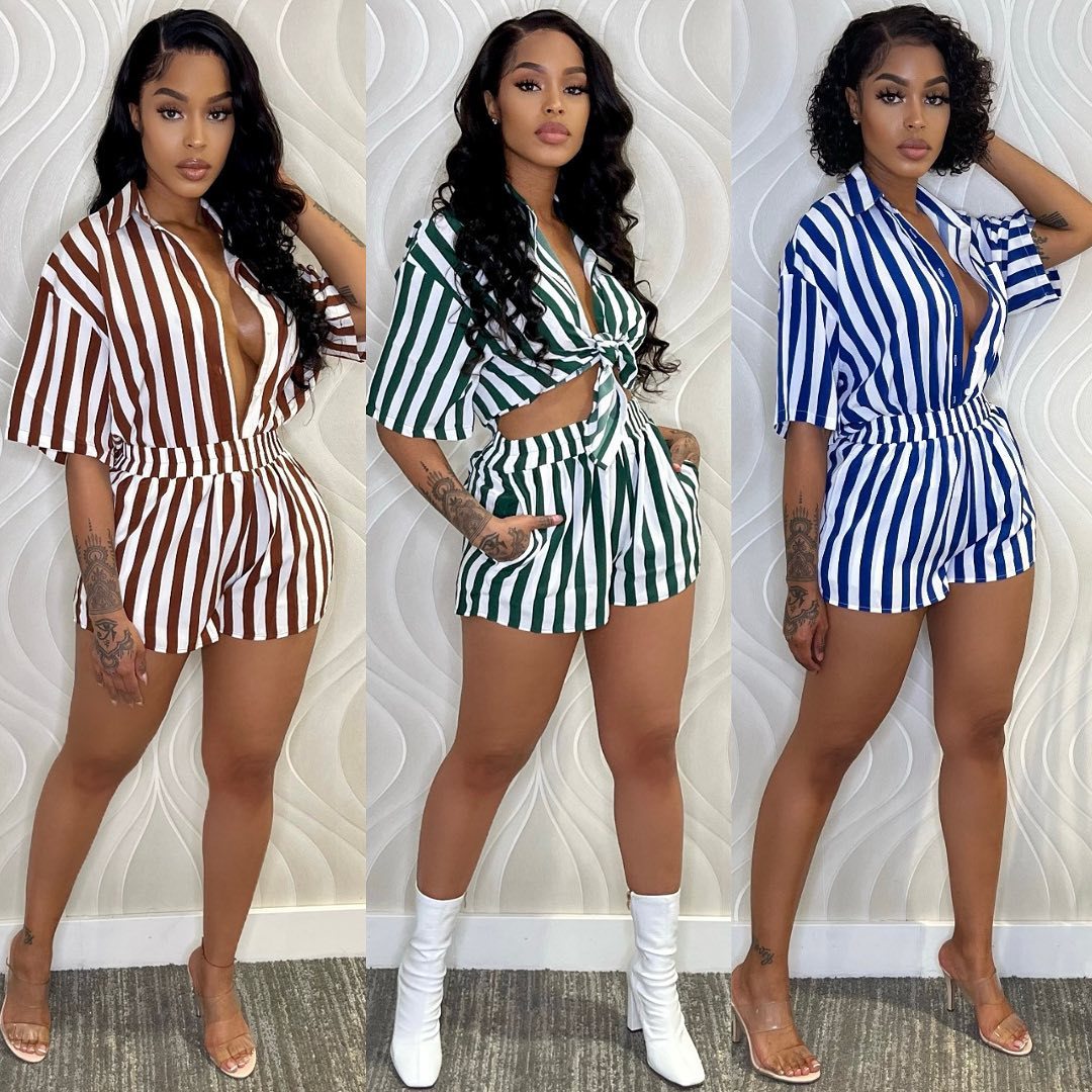Women's New Loose Casual Stripe Shirt Shorts Home Two Piece Set