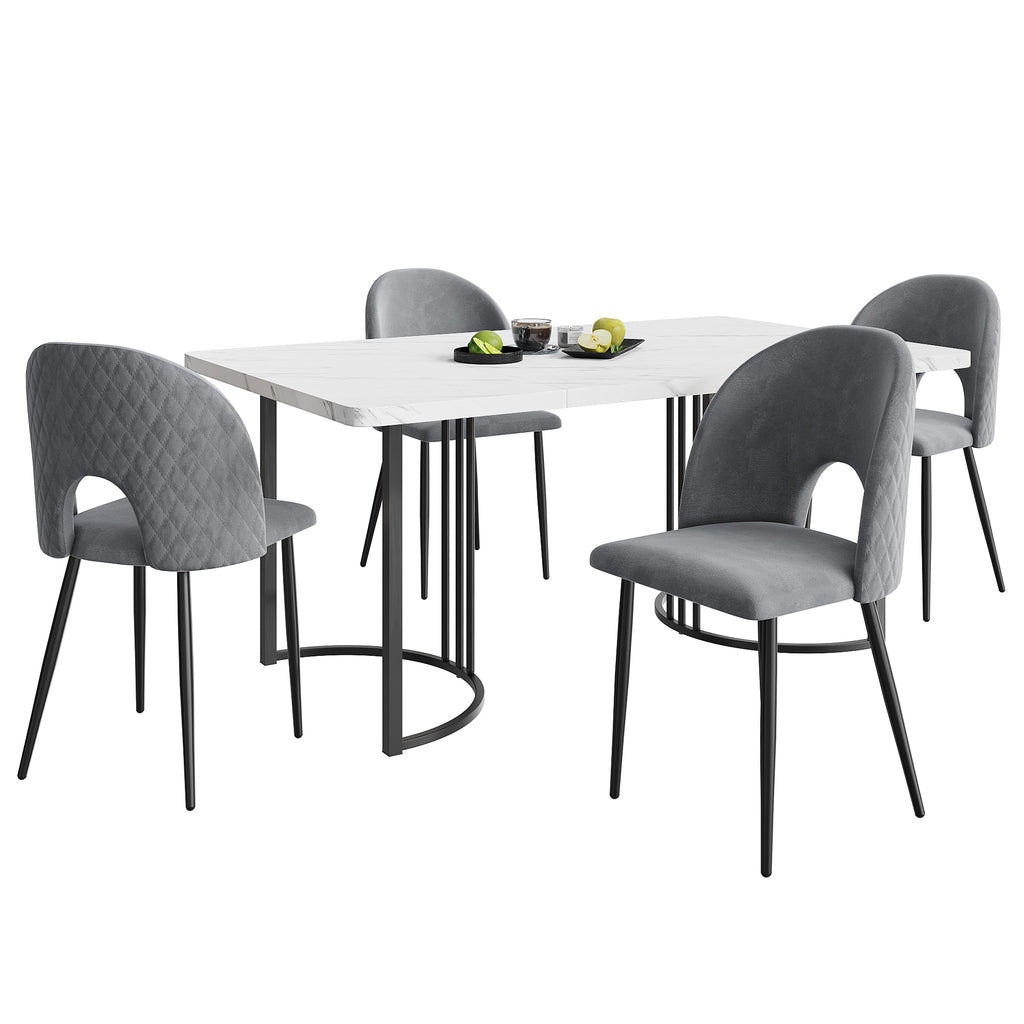Dining Set, Set, 140x80cm Dining Table With 4 Chairs Modern Kitchen Table Set, Velvet Dining Chair With Diamond Pattern, Adjustable Chair Legs, Gray Velvet, MDF Tabletop In White, Black Table Legs