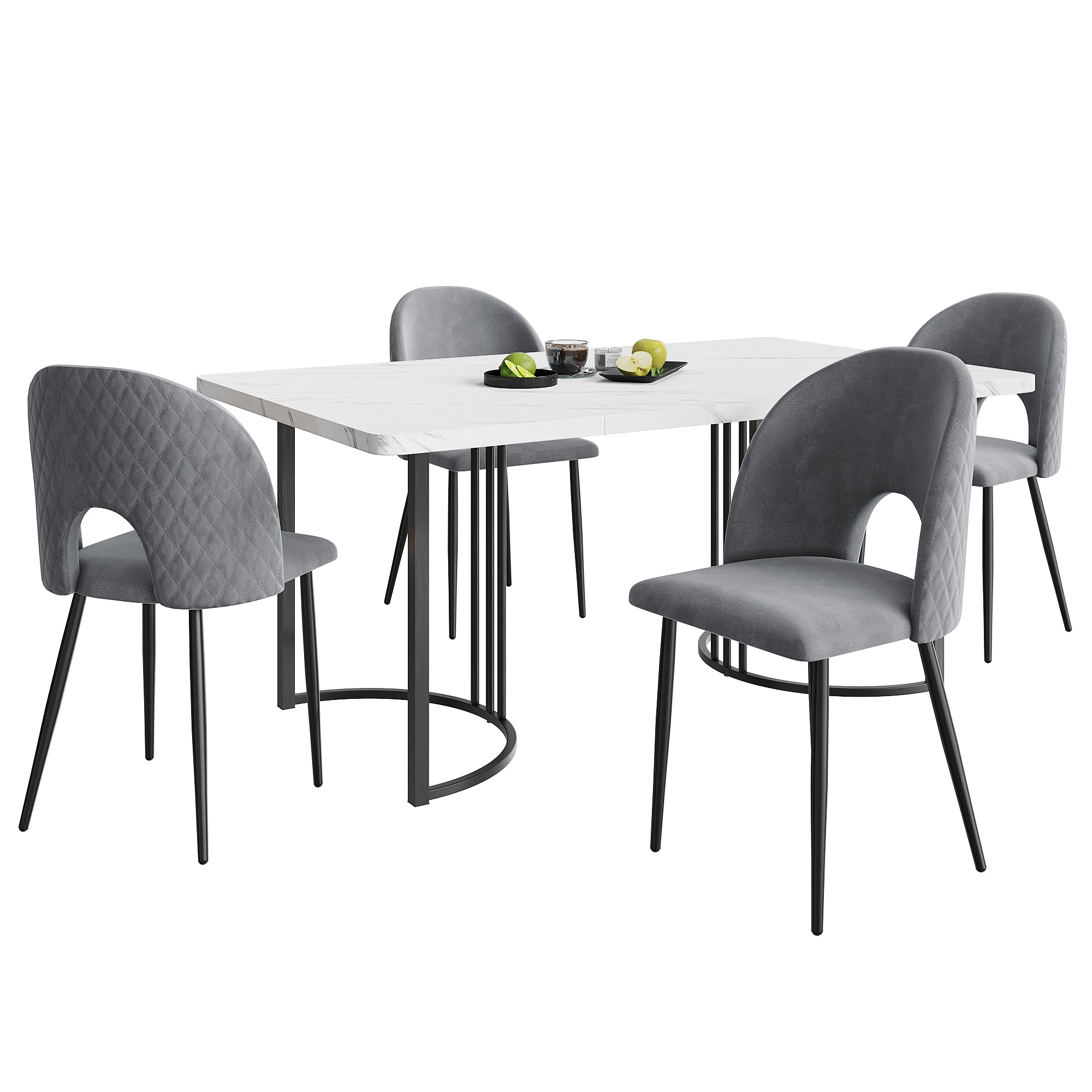 Dining Set, Set, 140x80cm Dining Table With 4 Chairs Modern Kitchen Table Set, Velvet Dining Chair With Diamond Pattern, Adjustable Chair Legs, Gray Velvet, MDF Tabletop In White, Black Table Legs
