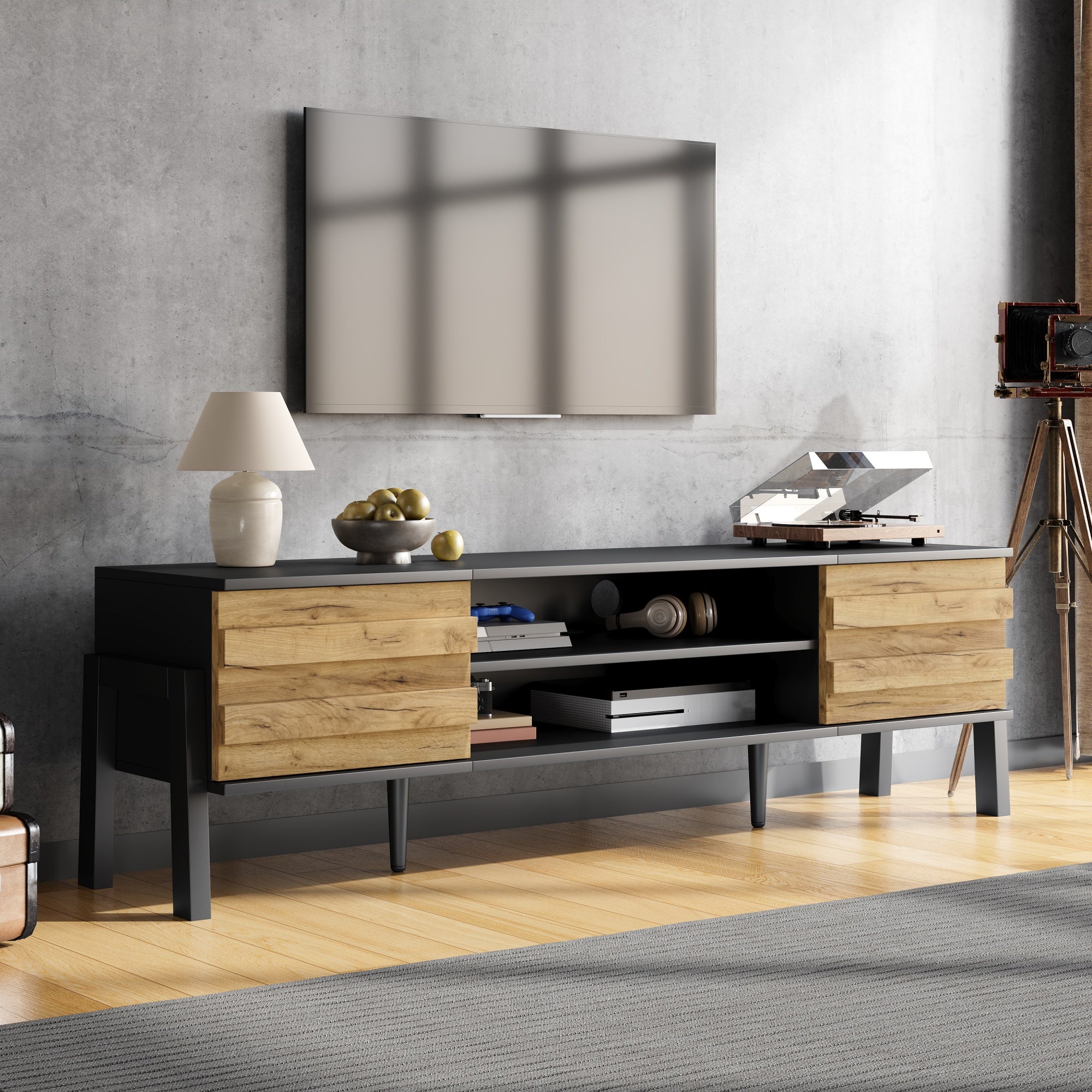 TV Cabinet, Lowboard TV Board, TV Console With 2 Cabinets And Open Storage Space, TV Table, TV Stand, Living Room Cabinet, Suitable For TVs Up To 70 Inches