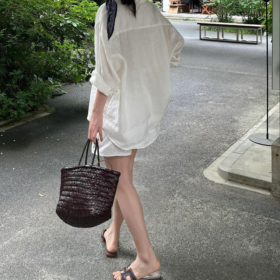 Loose-fitting, Minimalist Cotton-linen Top And Shorts Set