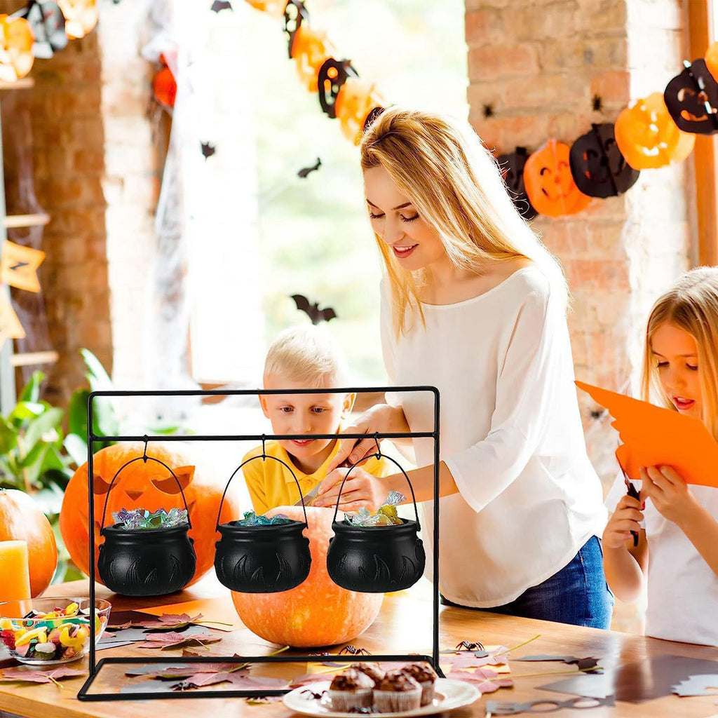 3 Witches Cauldron Serving Bowls On Rack Black Plastic Candy Bucket Cauldron For Indoor Outdoor Home Kitchen Decoration