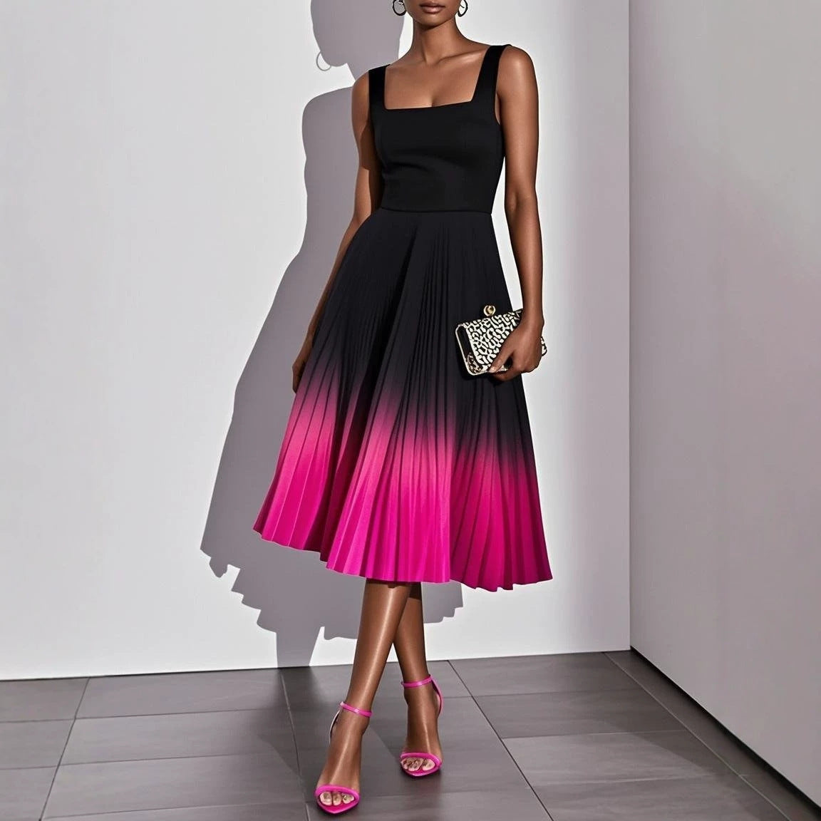 Square-neck Mid-length Dress With Gradient Pleats