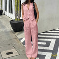 Fabric V-neck Vest High-waisted Wide-leg Pants Casual Two-piece Set
