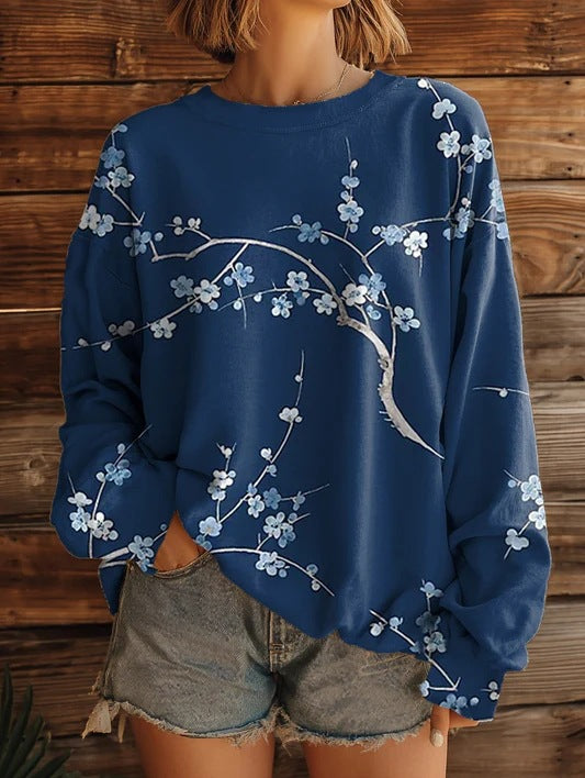 Womens Fashionable, Versatile Printed Crew-neck Sweatshirt