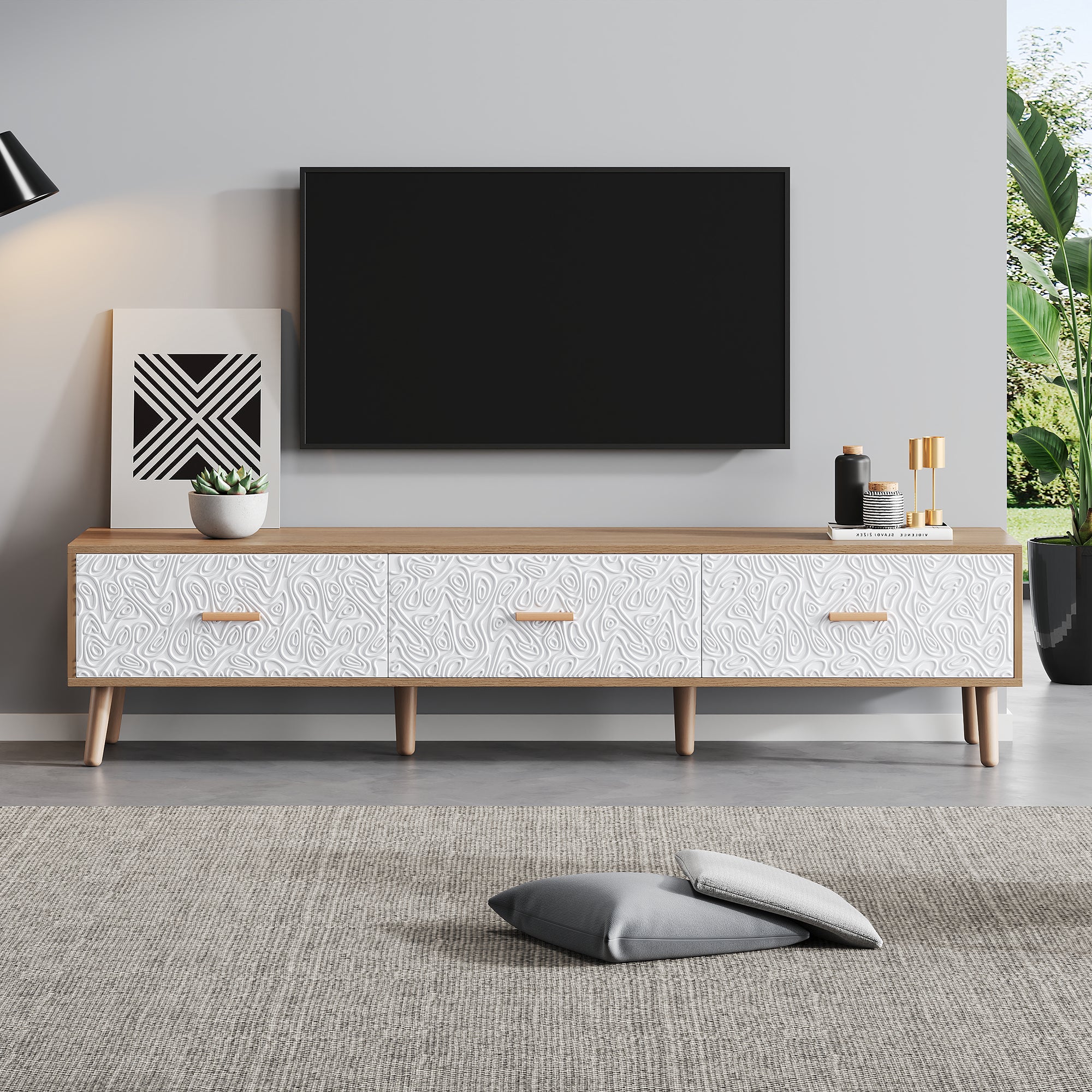 TV Low Panel Vintage, TV Cabinet Wooden TV Table - Living Room Bedroom, Light Wood, Vintage Grain White Door Panel, 150x35x39cm