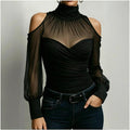 Womens Solid-Color Turtleneck Off-Shoulder Lantern Long-Sleeve Top