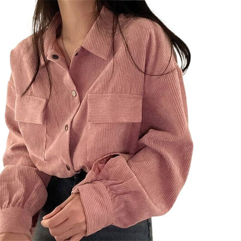 Notch-collar Cropped Drawstring Long-sleeve Shirt Corduroy Jacket