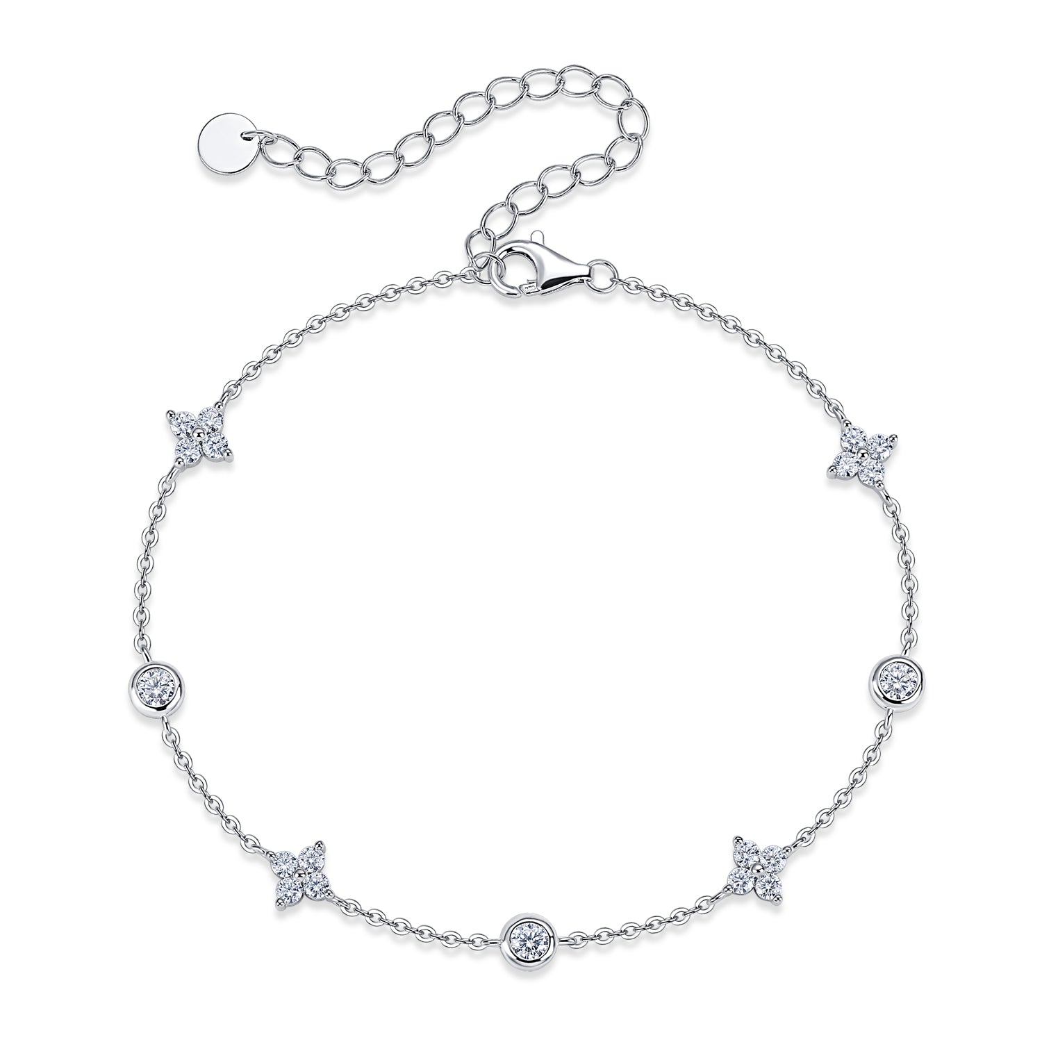 S925 Sterling Silver Moissanite Station Bracelet, D-VVS1 Adjustable  Chain, Platinum Plated 2.5g Women's Jewelry Gift Box Set