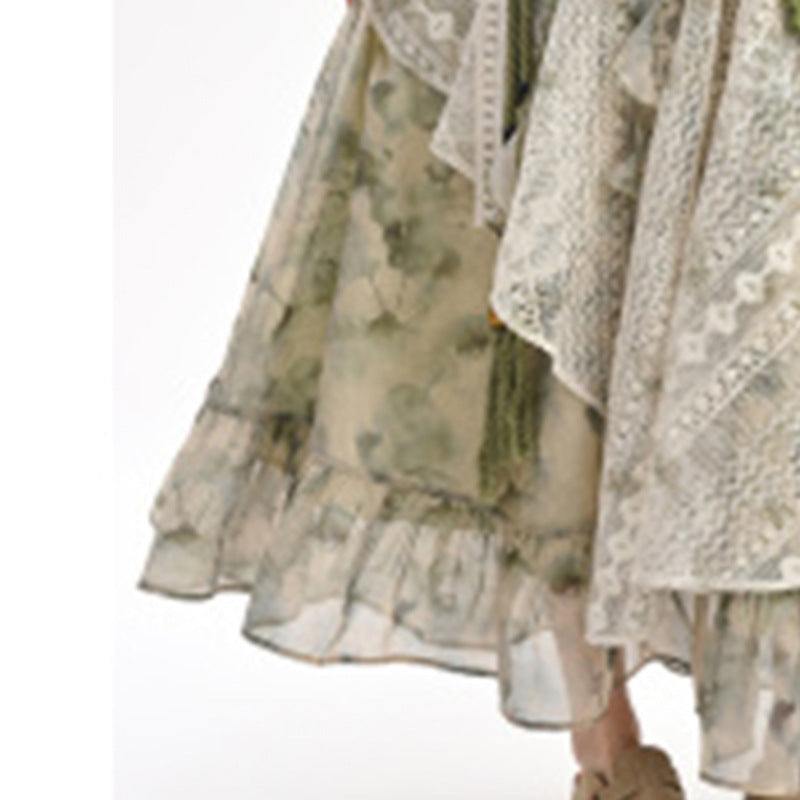 Summer New Irregular Sweet Tie-Dye Print Lace-Patchwork Skirt