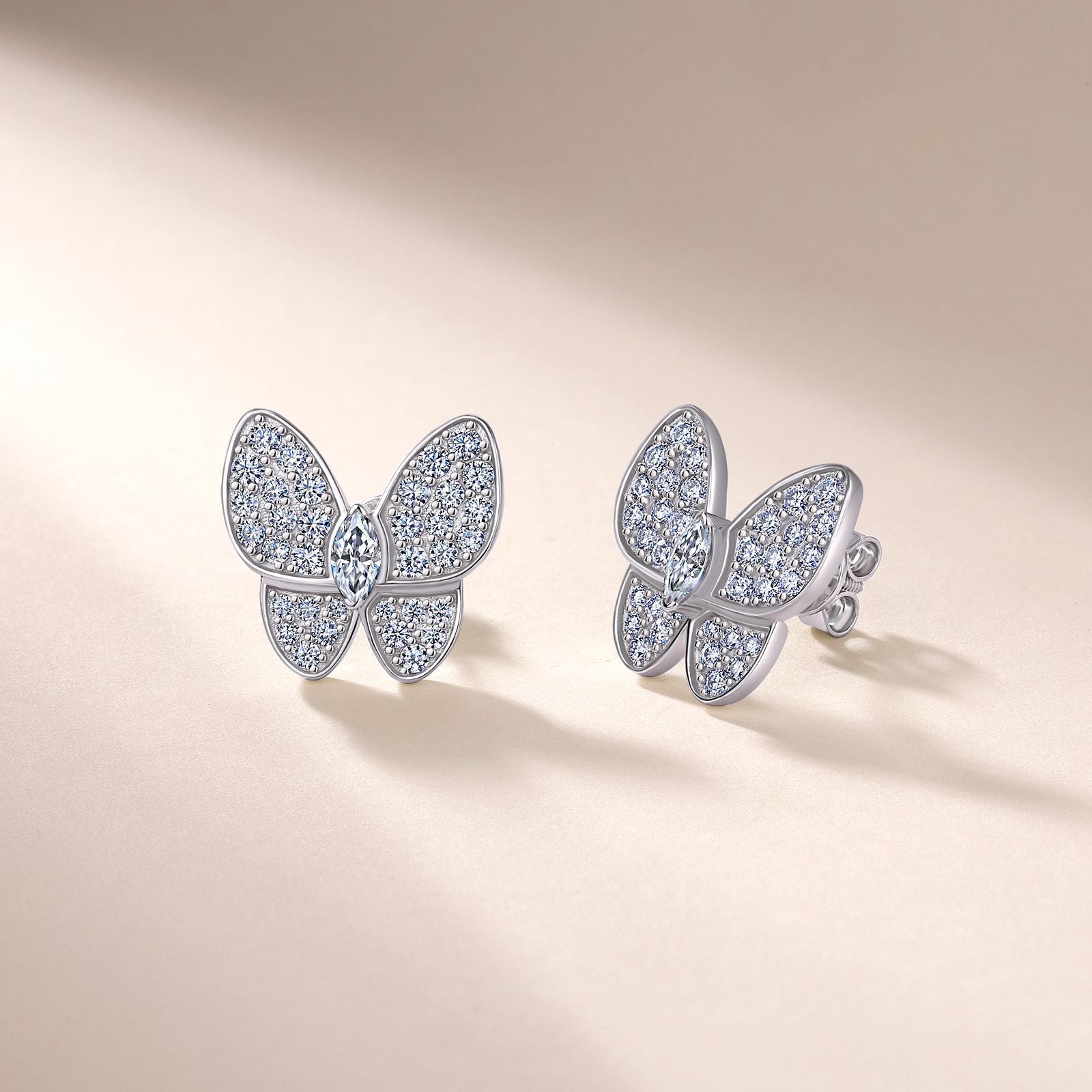 S925 Sterling Silver Butterfly Stud Earrings, D-VVS1 Marquise Moissanite Pave Wings, Platinum Plated 3.4g Women's Jewelry Gift Box