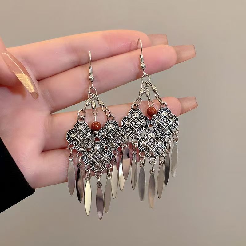 Ethnic Tibetan Silver Long Tassel Dangle Earrings For Women, Retro Exaggerated Miao Silver Exotic High-grade Temperament Ear Jewelry