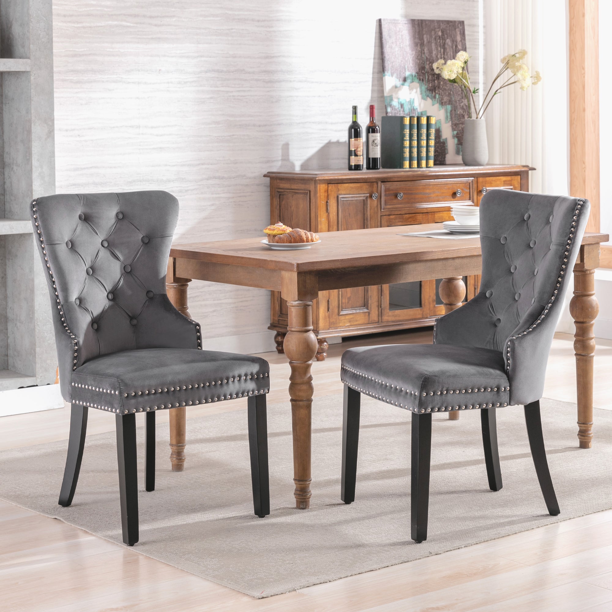Velvet Dining Chairs 4 Set With Oak Legs, Button, Chrome Clamp And Nail Head Fit Bedroom Chair Kitchen Chair Living Room Lounge Recreational Chair Grey, 4 Pieces Old Sku -PP198789AAG