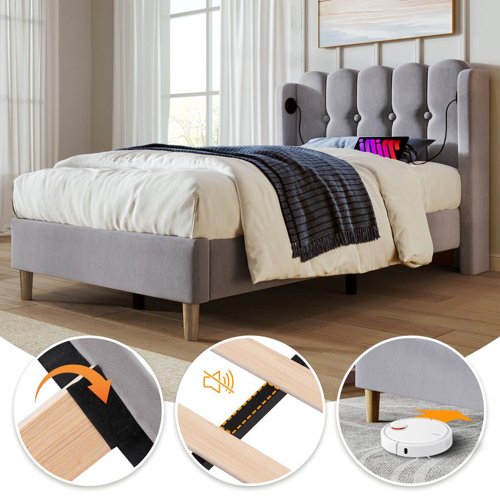 Upholstered Bed Single Bed With USB Type C Charging Function, Bed Frame With Slatted Frame, Upholstered Bed In Grey,90 X 200 Cm Bed Frame Youth Bed For Bedroom Guest Room Linen Material