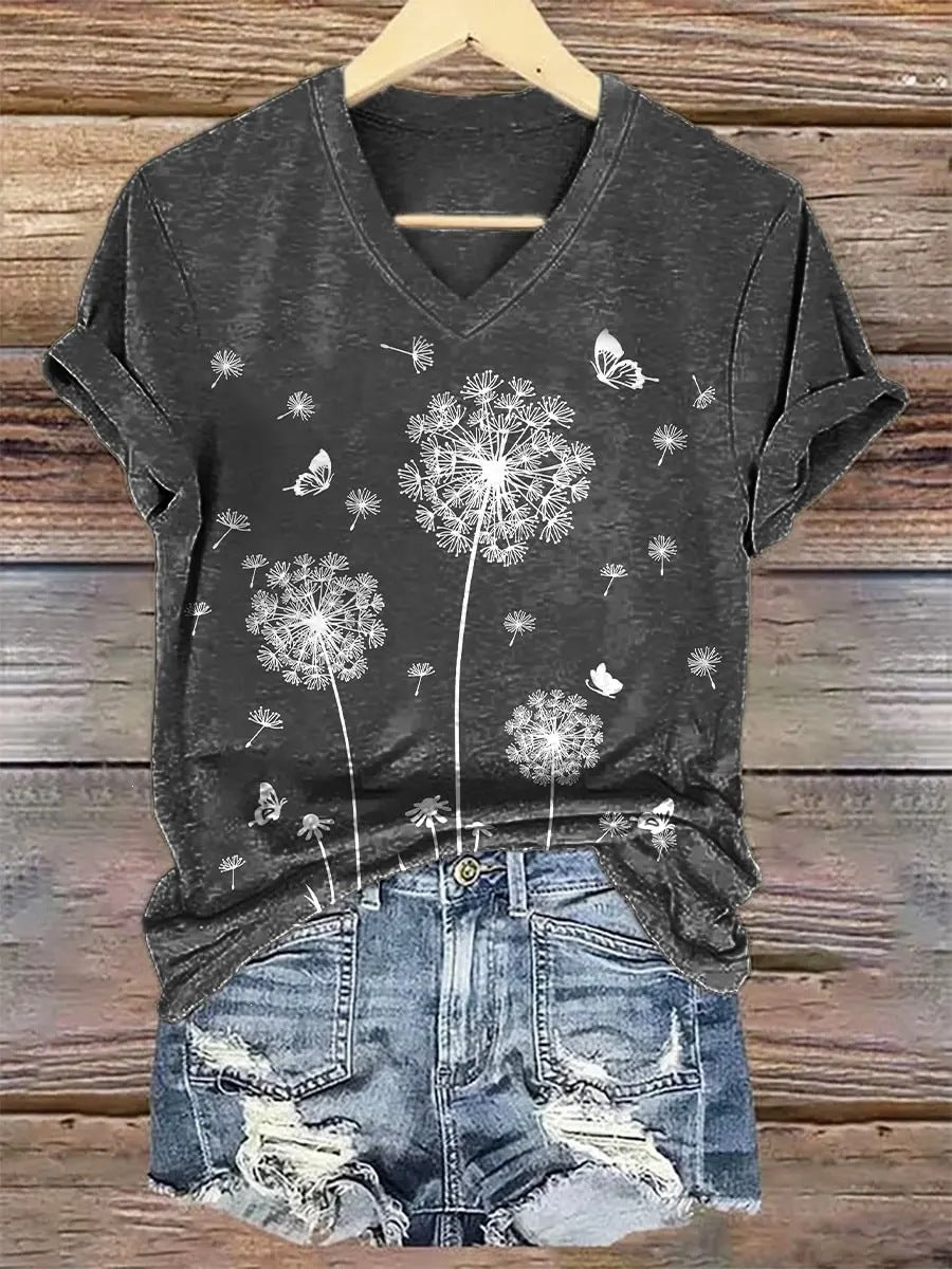 Womens Fashionable Loose-fit Casual V-neck Short-sleeve Top